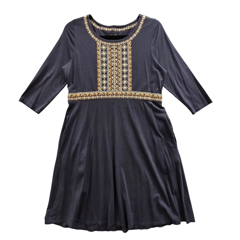 Garnet Hill Embroidered Boho Organic Cotton Fit & Flare Dress Women‎ S Navy Blue